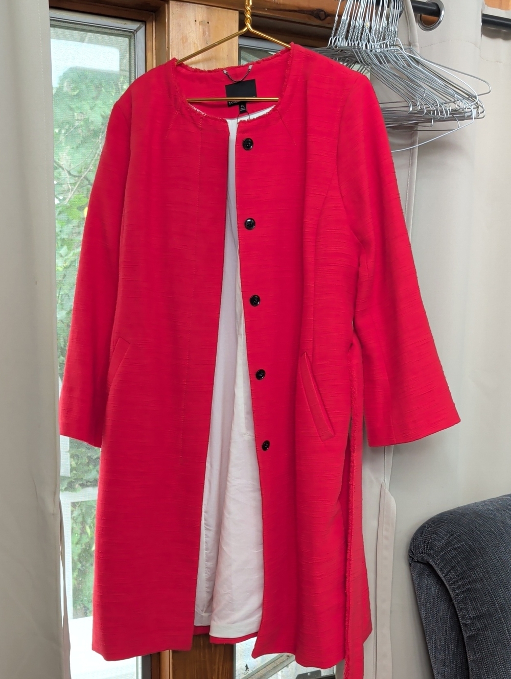 Banana Republic Bright Red Collarless Long Trench Coat